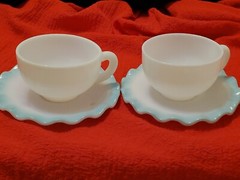 Vintage 1950 Hazel Atlas White Cup & Pastel Blue Ruffle  Edge Saucer set of 2