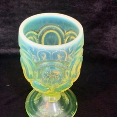 Vtg Fenton for LE Smith Moon & Stars Yellow/ Vaseline OPALESCENT GOBLET 5.75″