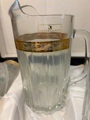 NOS Vintage Interglass Crystal 4 Flat Tumblers & Pitcher Gold Trim
