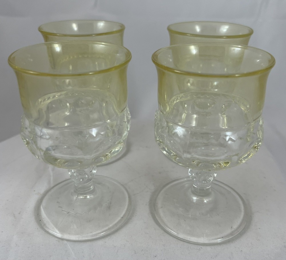Set Of 4 Indiana Glass Yellow and Clear King’s Crown Thumbprint Cordial Glasses
