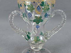 Bohemian Hand Enameled Grapes & Gold Beaded Glass Loving Cup Circa 1900