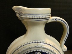Vintage Simon Peter Gerz Blue On Gray Stoneware Pitcher Ewer w/ Knights Crest Ex