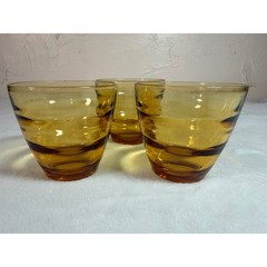 Vintage Amber Glass Tumblers Set of 3 Ribbed Ring Pattern Mid Century Modern 8oz