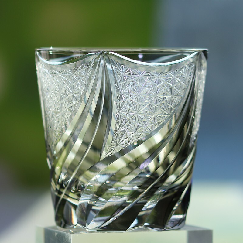 Edo Kiriko Crystal Whiskey Glasses Hand Cut To Clear Gray 11oz Gift Packing