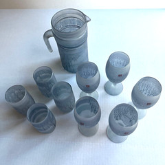 Vtg Hebron Glass Set 10 pc Hand Painted Blue Pitcher Tumblers Tulip Stem Frosted