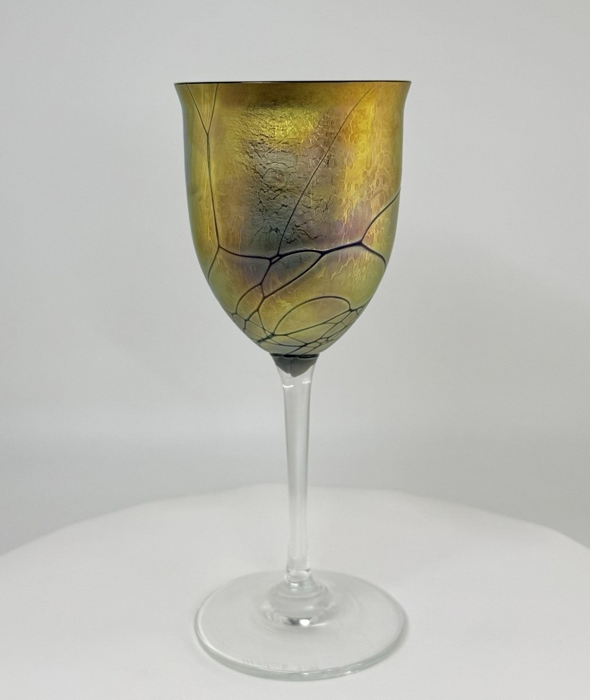 Steven Maslach 1979 Signed Studio Art Glass Goblet Iridescent Gold Cobalt 8″
