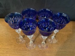 WMF Cristal Cabinet Cobalt Blue Cut to Clear Sherry Stems Set of 6, 1970s