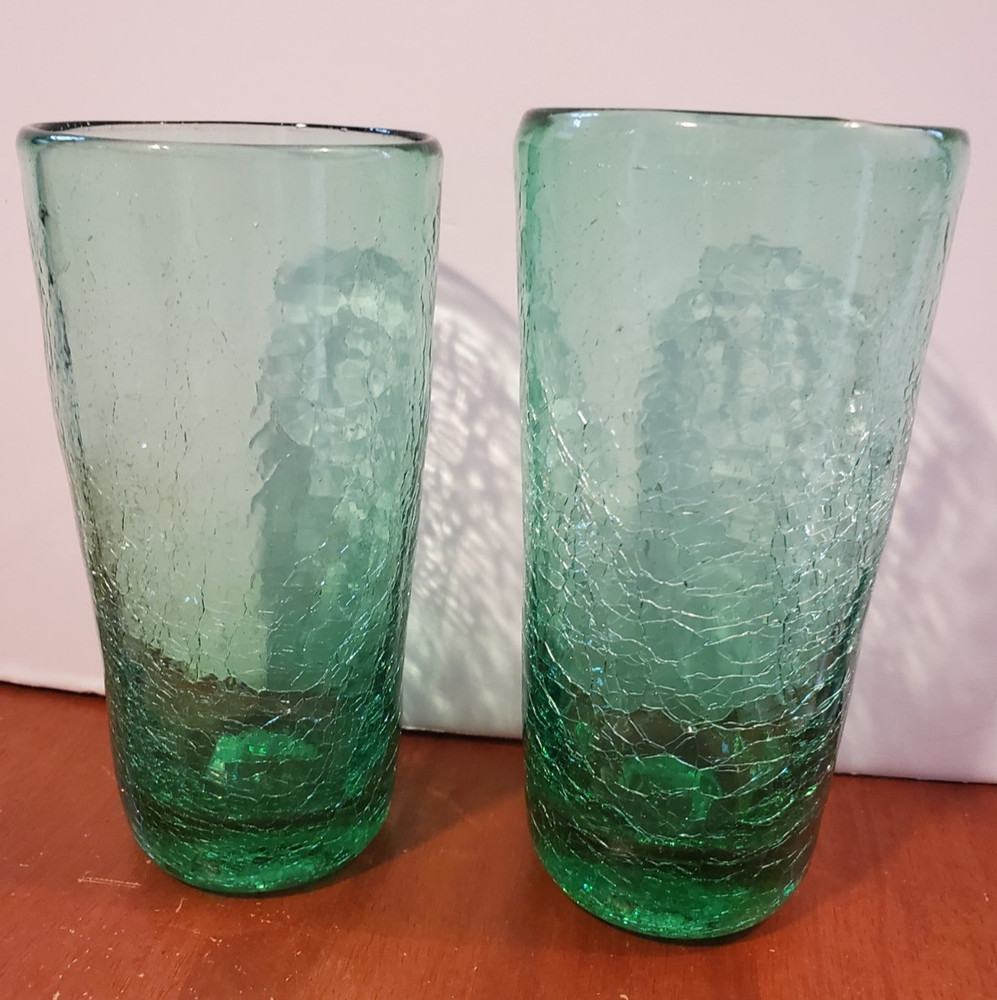 Pair of Blown green crackle glass tumblers, 6″ tall, very pretty 5C