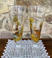 Champagne Flutes – Hand Painted – Nature, Birds – Swan & Partridge – Set of 2