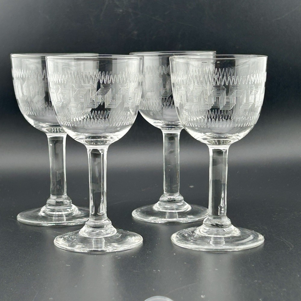Antique Greek Key Etched Wine Sherry Cordials Set 4 c1900 EAPG 4⅛» Edwardian