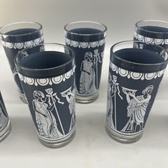 Vintage Wedgwood Blue White Drinking Glasses 10 oz Jeanette Roman Greek Women 8