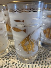 6 Libbey MARINE LIFE Glasses Fish Seahorse Gold Aqua 1950s MCM Cocktail