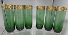 6-VTG MCM EMERALD GREEN TOM COLLINS GLASSES W GOLD LEAF RIM DESIGN
