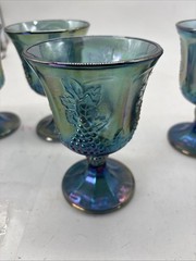 4 Vintage Indiana Glass Grape Harvest Iridescent Blue Carnival Goblets 5.5×3.5”