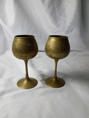 Vintage Brass Goblet Set Ornate Etched Chalice Cups Pair Decorative