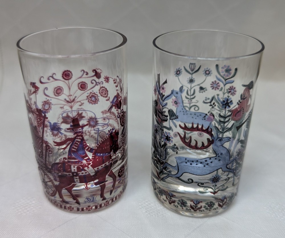 2 Rare Kurt Hammer Shot Glasses, Deer/Hunter & Grape Harvest Red Purple Germany
