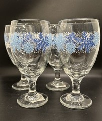 Set Of 4 Vintage Libbey Water Tea Wine Goblet Glasses Clear Snowflake Blue NEW