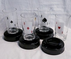 VTG Set 4 Playing Cards Glasses On Coaster/Ashtray Base NEW IN BOX