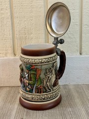 Vintage Thewalt German Beer Stein Hunting Scene Zum Wohlsein Pewter Lid DRM Zinn