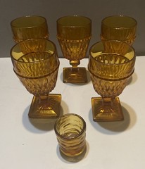 Indiana Vintage Glass Mid Century Amber Goblets Set 5 Diamond Optic Square Base