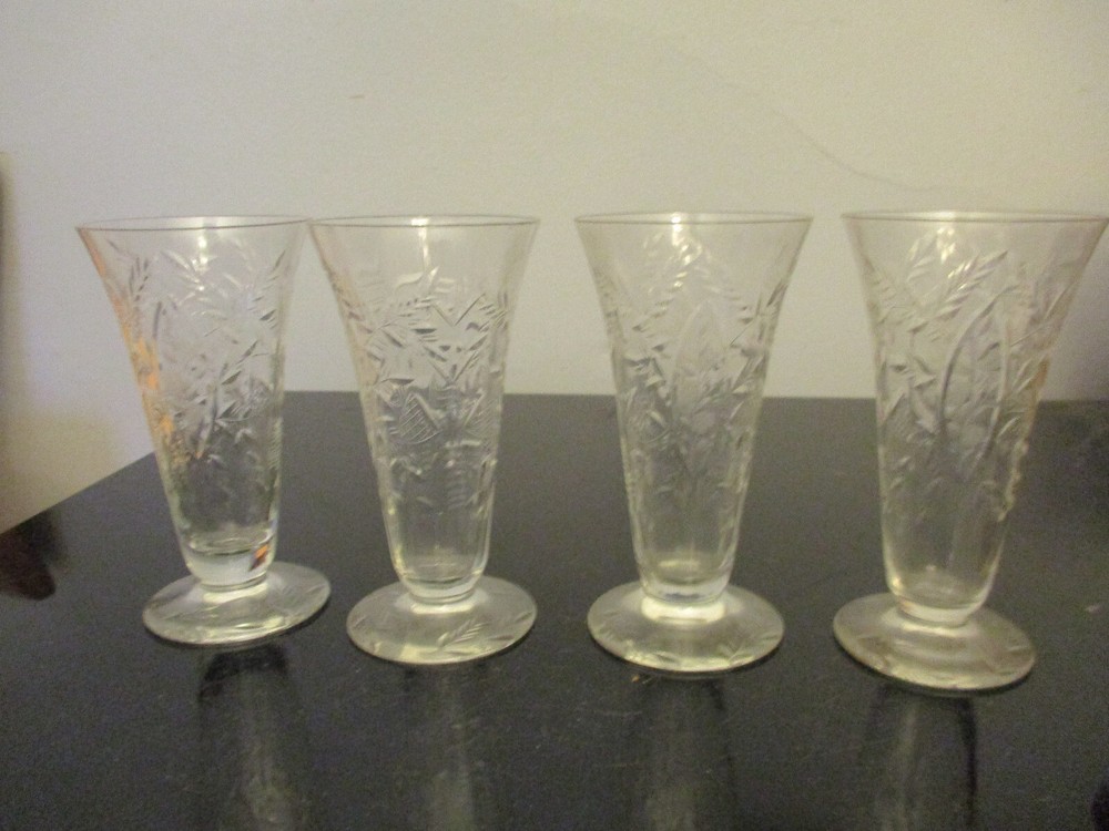 4 Antique Libbey Elegant Glass Etched Floral Leaf Panel Optic Juice Goblets