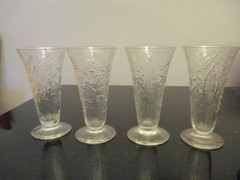 4 Antique Libbey Elegant Glass Etched Floral Leaf Panel Optic Juice Goblets
