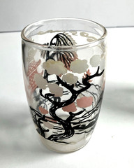 Set 2 Vintage MCM Drinking Glasses Asian Cherry Blossom Pink Pagoda Bar Ware 4″