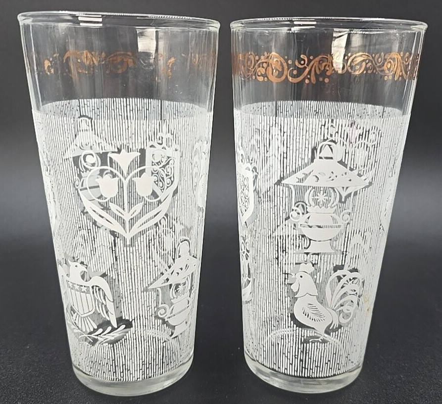 2 Mid Century Continental Can Co. Gold Trim White Rooster Eagle Juice Glasses