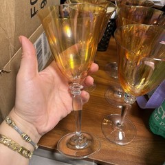 Set Of6 pier one 1 Gold/Amber Flaired Luster Wine Glosses 9″ High/RONA Slovakia