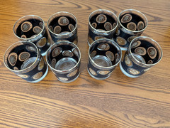 8 Vintage Libbey 22k Gold & Black Coin Barware Glasses Hollywood Regency