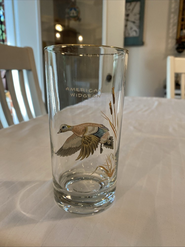 Vtg MCM Ned Smith Drinking Glass American Widgeon Hand Painted 23K Gold Trim