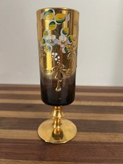 VTG Dark Amber & Gold Glossy Footed 5.5”Champagne Glass Hand-Painted Floral