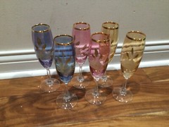 6 Crystal Bohemia ? Champagne Flutes Handpainted Floral blue pink yellow 8» MIN