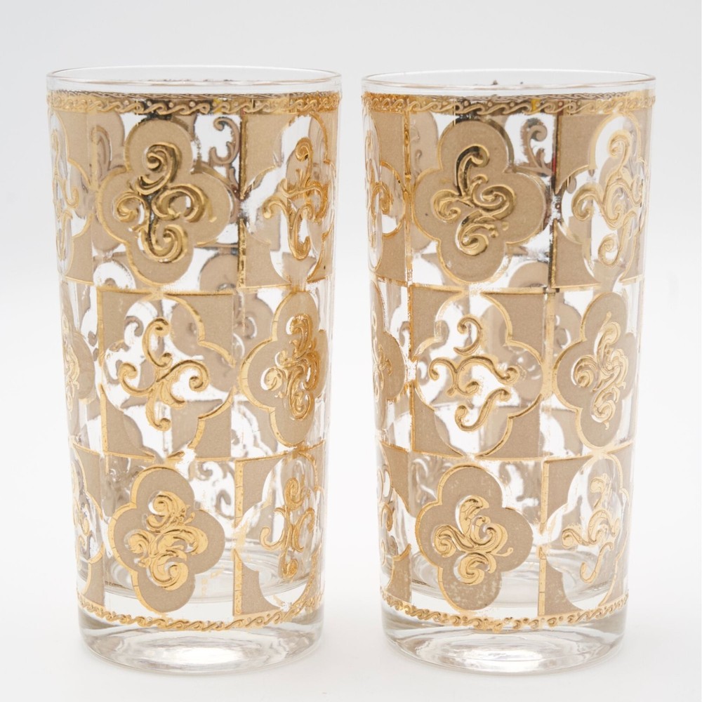 Culver CUV16 Highball Glasses Set of 2, Gold Clovers Scrolls Design Barware, MCM