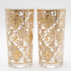 Culver CUV16 Highball Glasses Set of 2, Gold Clovers Scrolls Design Barware, MCM