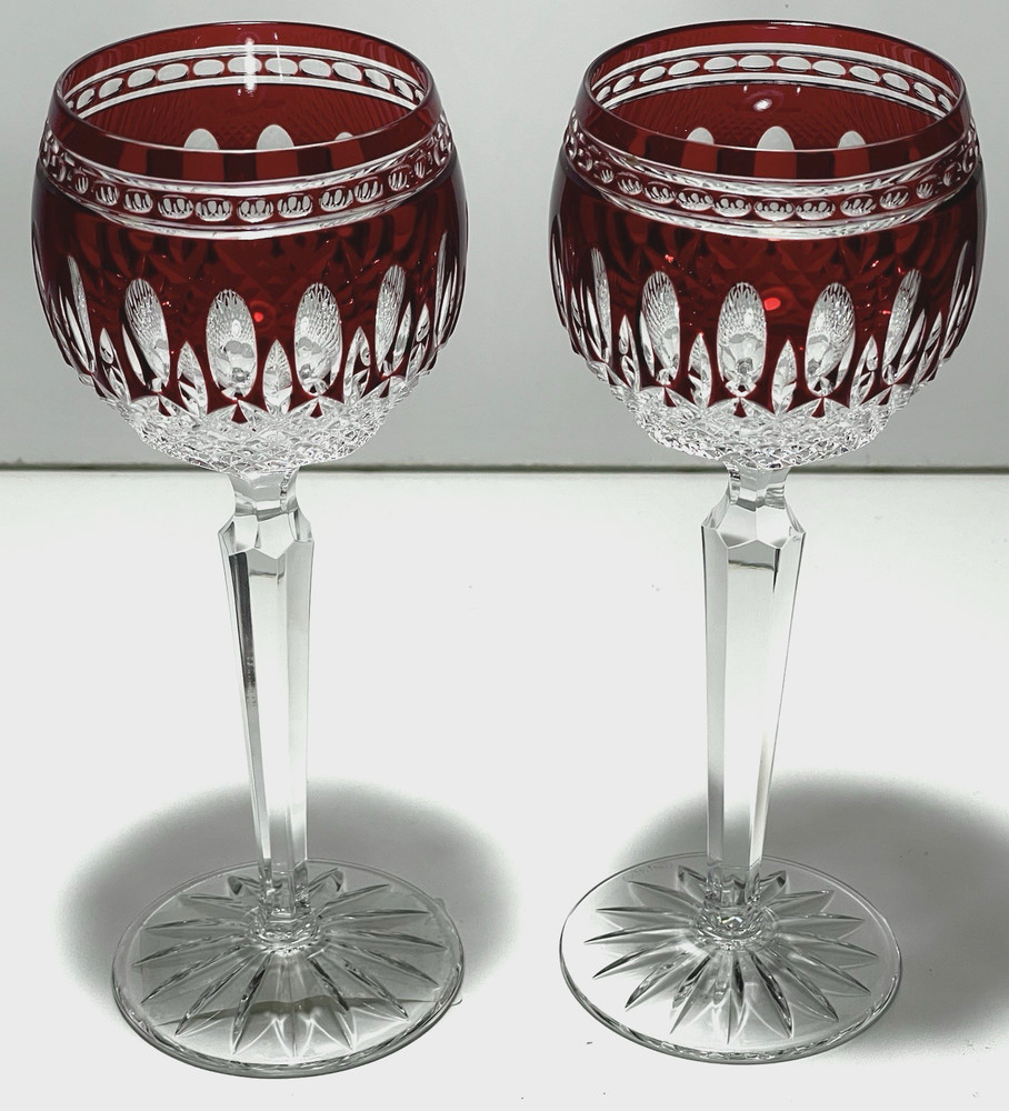 2 WATERFORD CRYSTAL CLARENDON WINE HOCK GLASSES RUBY RED