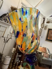 Pair Bohemian Czech Art Glass Spatter Confetti Wine Goblets 8.75” Cobalt Stem