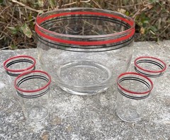 Vtg 1920s Art Deco Red Blk Banded Ice Bucket 4 Shot Glasses Prohibition Era Read