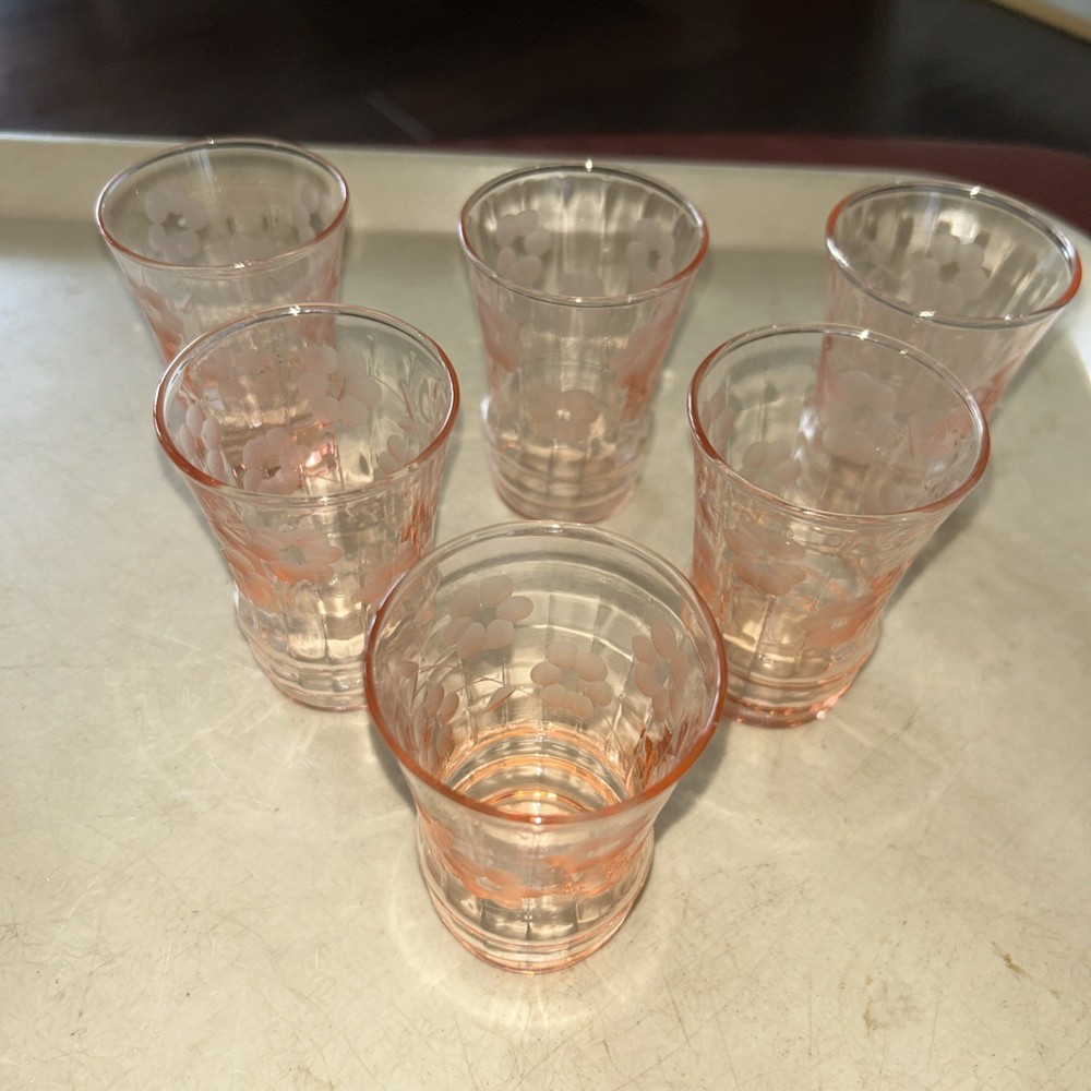 6 Vintage Pink Flower Etched Small Juice / Shot Glass Depression Glass 3”