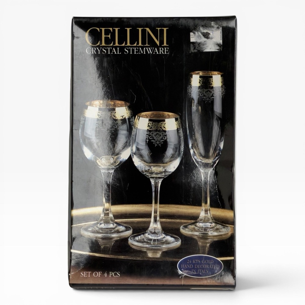 Vintage Cellini Crystal Wine Glasses 24K Gold Rim Hand Decorated Italy Set of 4
