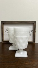 Milk Glass Vintage Goblet Footed Stemware Thumbprint Crosshatch Dots