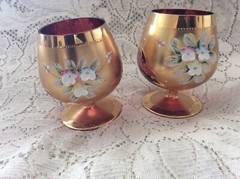 Pair Moser Glass Snifters~~Cranberry Glass Gold Gilt & Applied Enamel Flowers