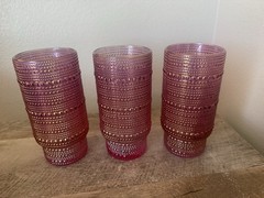 Pink Iridescent Hobnail Glasses Tumblers Set Of 3 Gold Rim 12oz Summer Lemonade