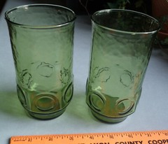 Pair Vtg MCM Anchor Hocking Green Heritage Block Circle Coin Glass Tumbler