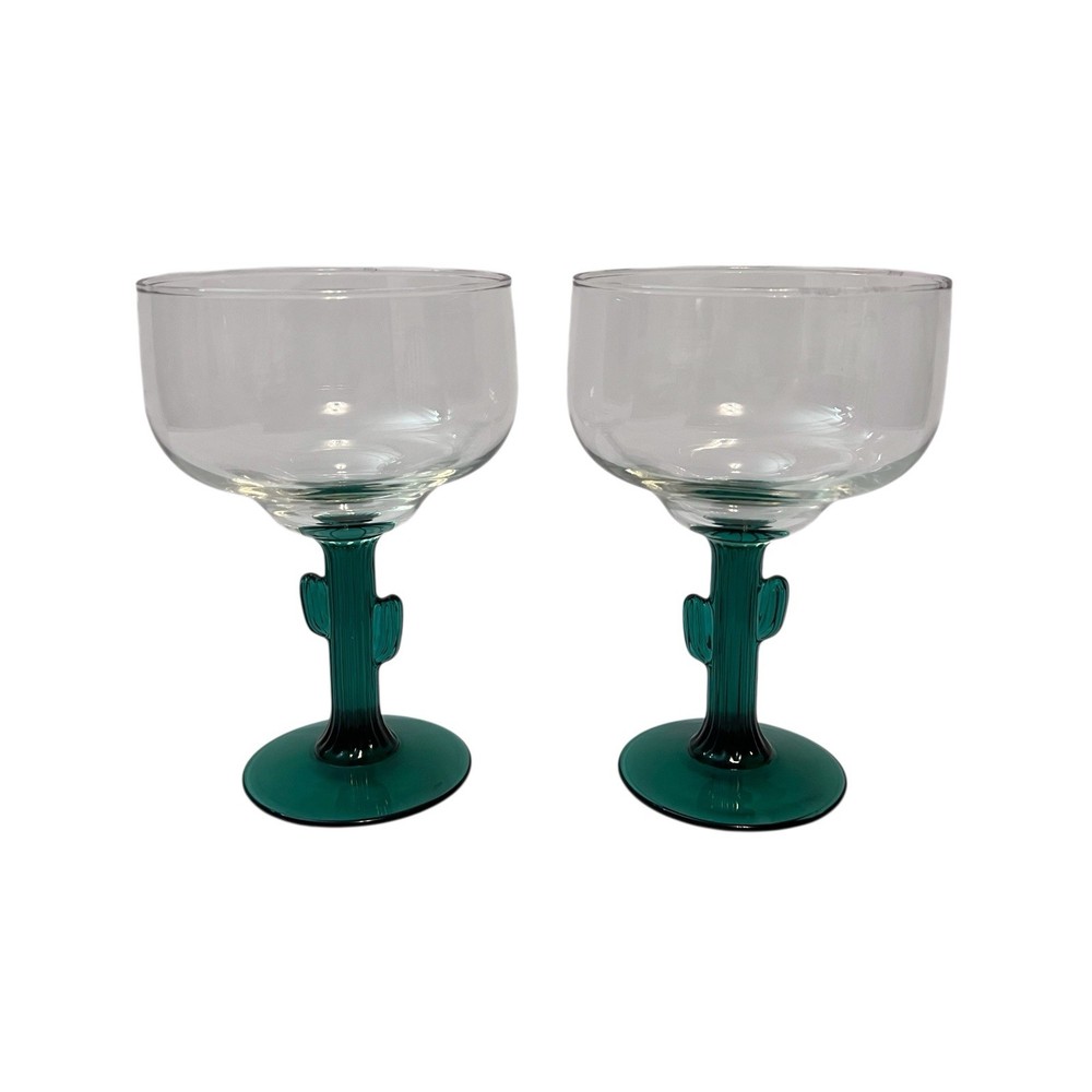 Libbey Cactus Margarita Glasses Set of 2 Green Stem Southwestern Barware