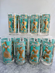 Gay Fad Glassware 8 Pc Set 22k Gold & Turquoise Roman Harvesters 12 0z High Ball