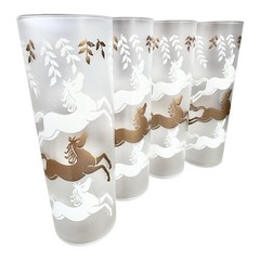 Four Frosted Vintage 1950’s Libbey Cavalcade Jumping Horses Highball Tumblers