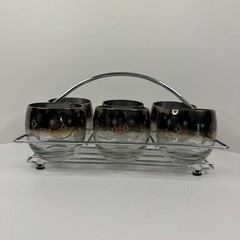Vitreon Queen’s Lustreware Roly Poly Embossed Atomic Star Glasses w Chrome Caddy