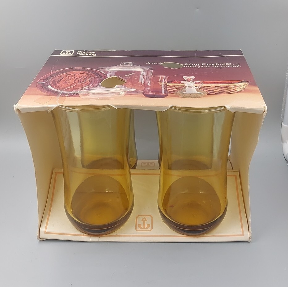 VTG NOS Anchor Hocking Amber Iced Tea Tumblers #3377 Mid-Century 17 oz. w/ Box!