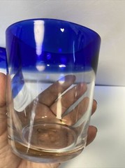 2 Mexican Hand Blown Cobalt Blue Rim Glass Tumbler Rough Pontil Bubble Low Ball